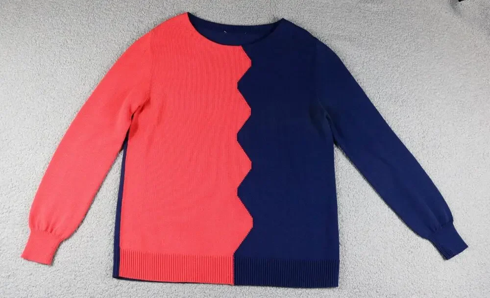 Tory Burch Sweater Womens L Red Orange Blue Colorblock Cotton Blend Pull Over